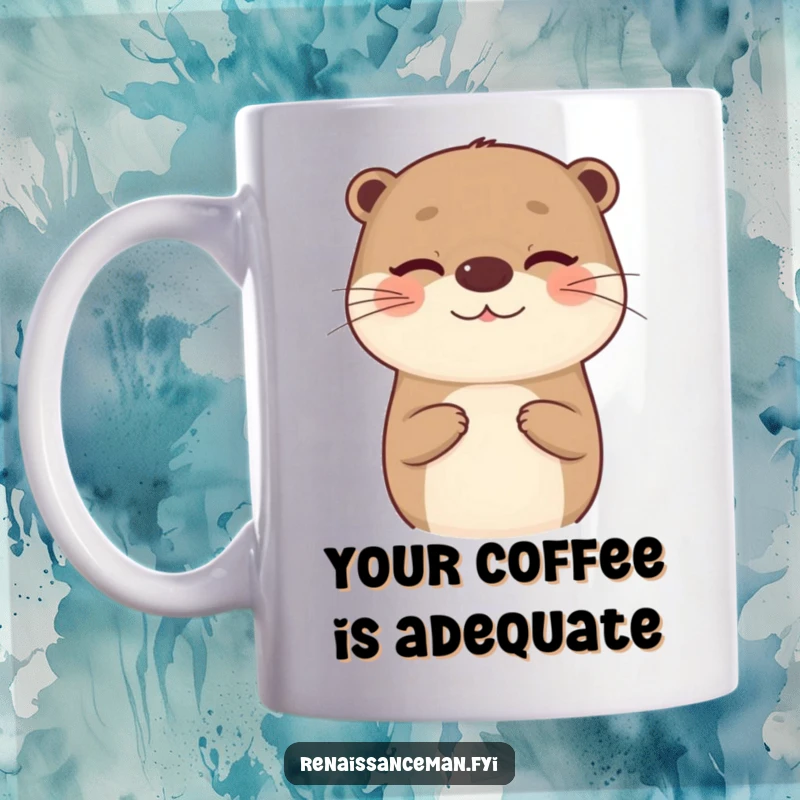 Funny mug featuring a beaming otter giving an insincere compliment with a wink, conveying playful mischief and humor.