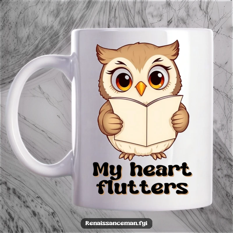 Funny owl mug, curious owl with wide eyes joyfully reading a grand love letter, perfect for gift.