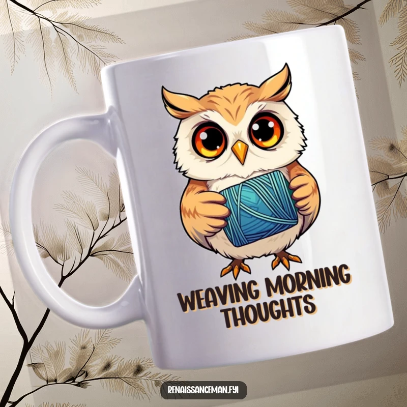 Funny mug depicting a curious owl with focused eyes, carefully holding a spool of vibrant thread, symbolizing concentration in crafting.