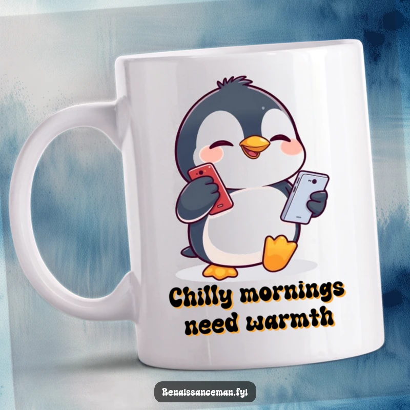 Funny penguin making a silly face while holding a smartphone for a selfie, printed on a ceramic mug.