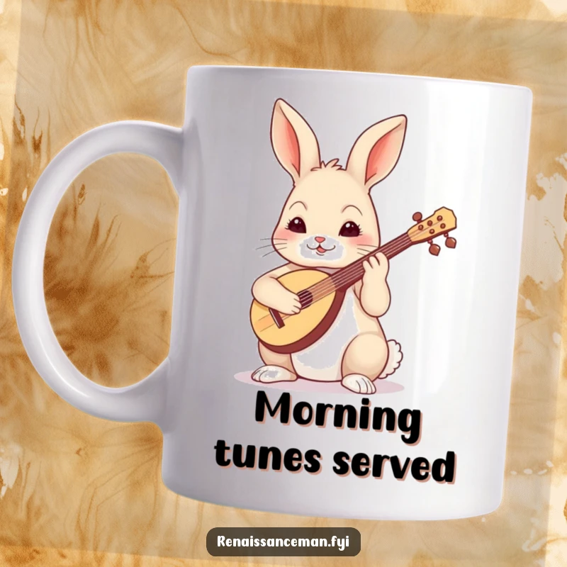 Skilled rabbit with focused expression, expertly playing a lute, exuding musical talent and charm.