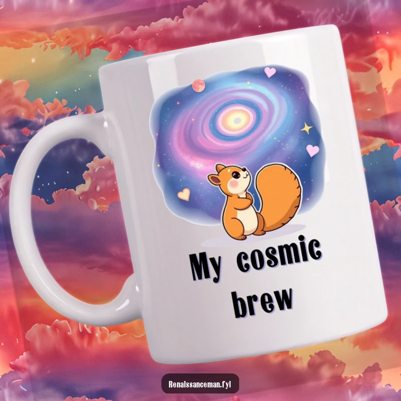 Funny mug with a cheerful squirrel character gazing dreamily at a vibrant, swirling galaxy. Cosmic wonder and humor.