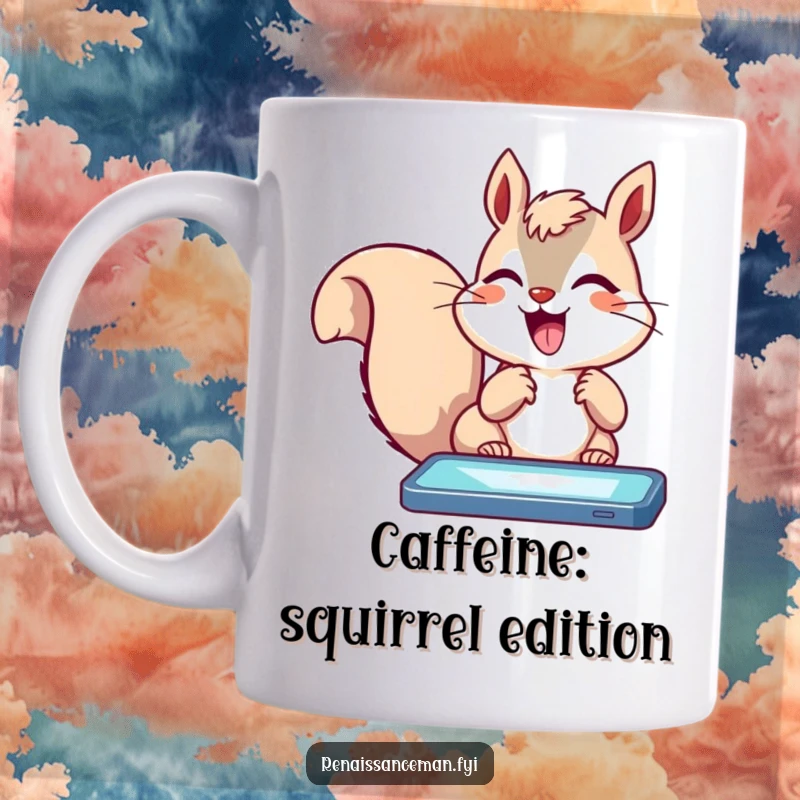 Funny delighted squirrel rapidly tapping a bright, glowing screen with intense excitement on a ceramic mug.