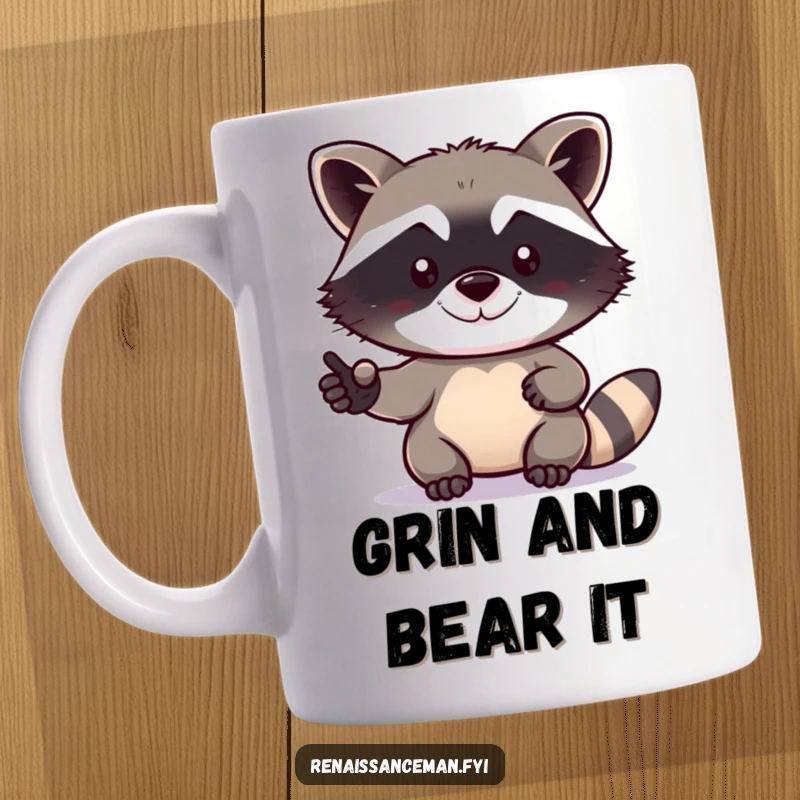 Funny raccoon mug showing a determined raccoon attempting a selfie with a tiny, mischievous grin, ready for its close-up.