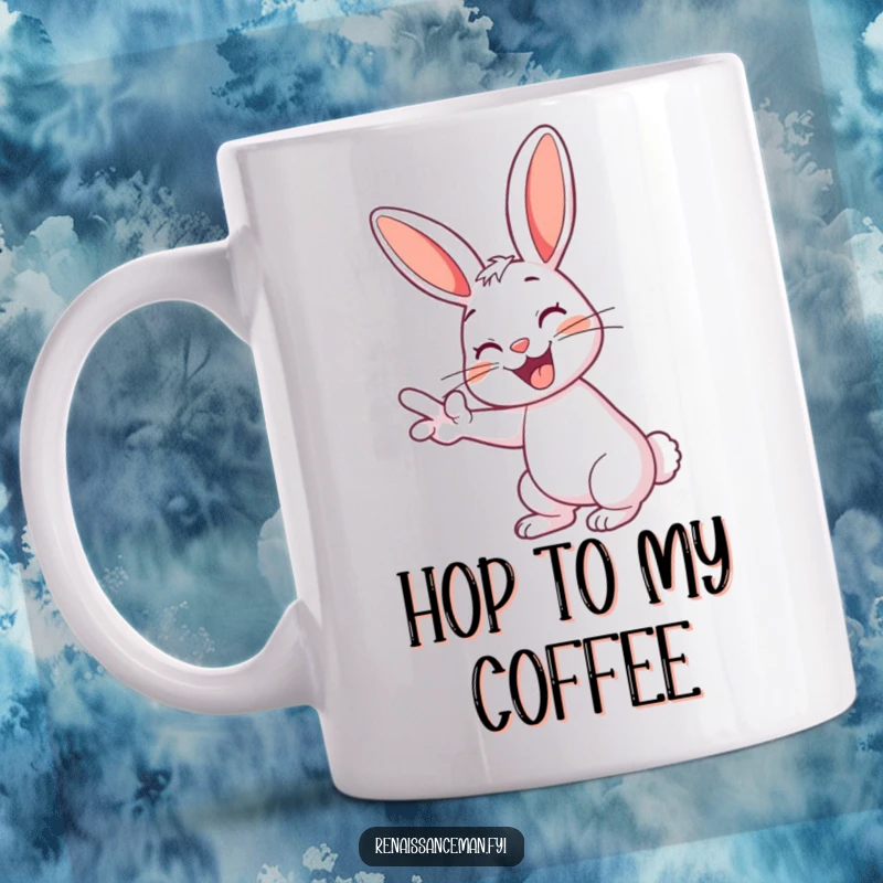 Funny rabbit mug: a cheerful rabbit with a playful grin enthusiastically swipes left on a screen.