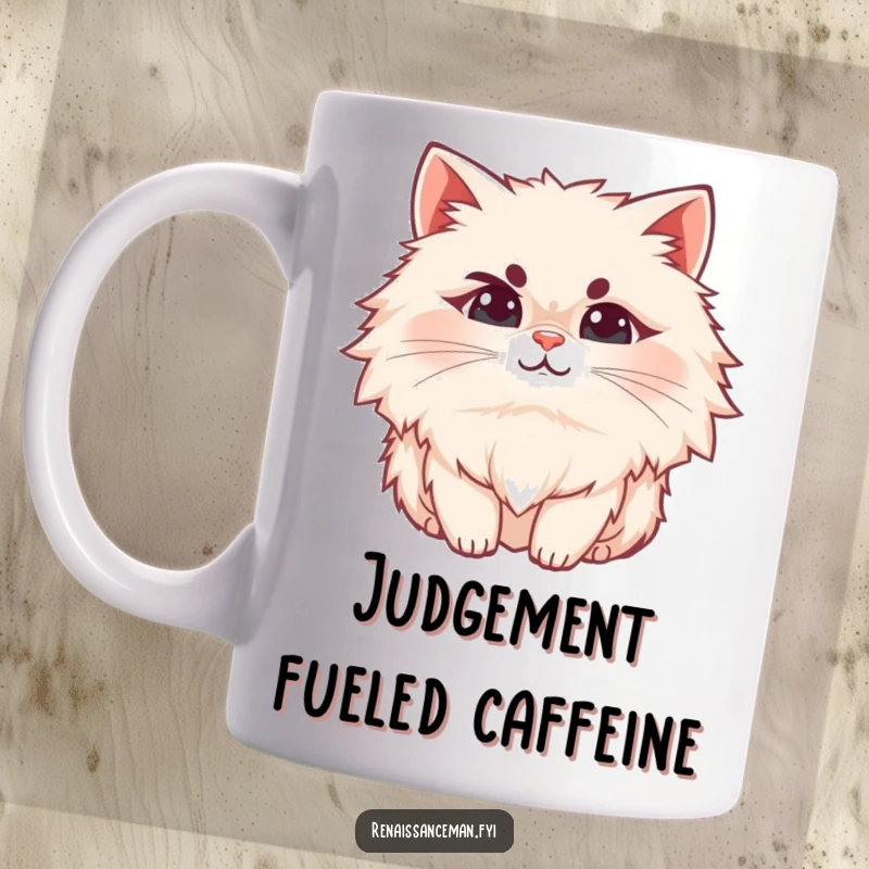 Funny cat mug, a fluffy cat with a raised eyebrow and a subtle smirk, conveying judgment and sass, perfect gift.