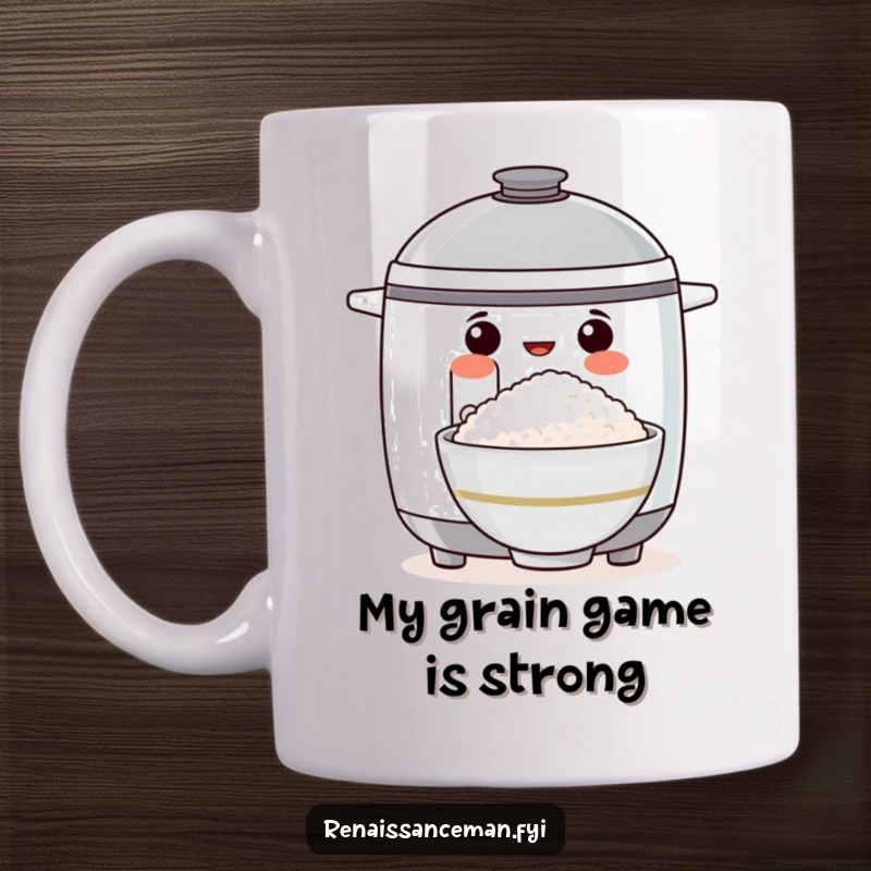 Funny mug featuring a proud rice cooker holding a perfect bowl of rice, showcasing its cooking achievement with a happy expression.