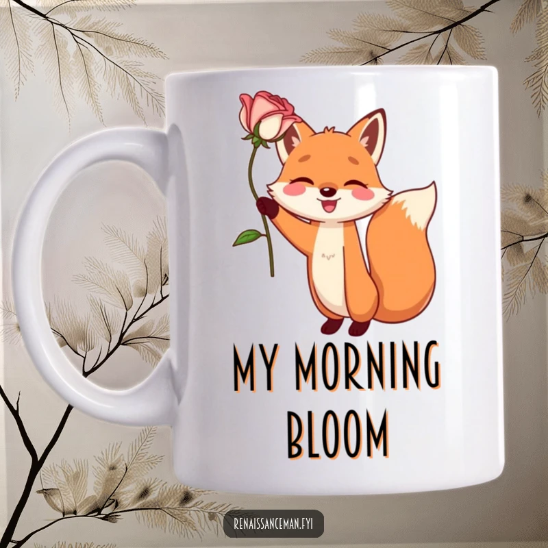 Funny mug with a happy fox character dramatically holding a single, perfect rose aloft with a joyful expression. Romantic humor.
