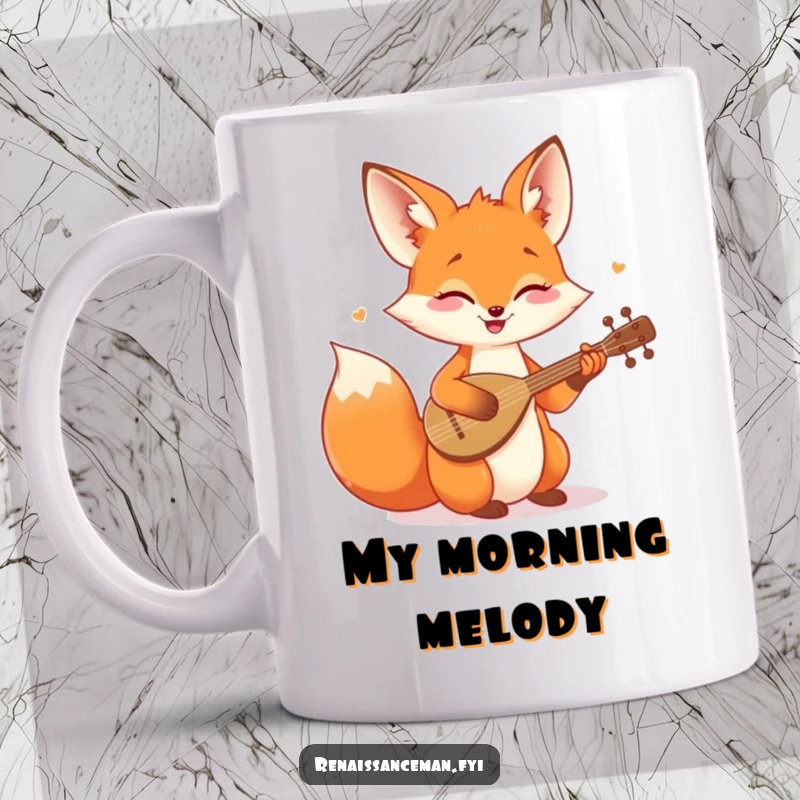 Funny mug showing a cheerful fox happily playing a tune on a tiny lute, bringing musical joy.
