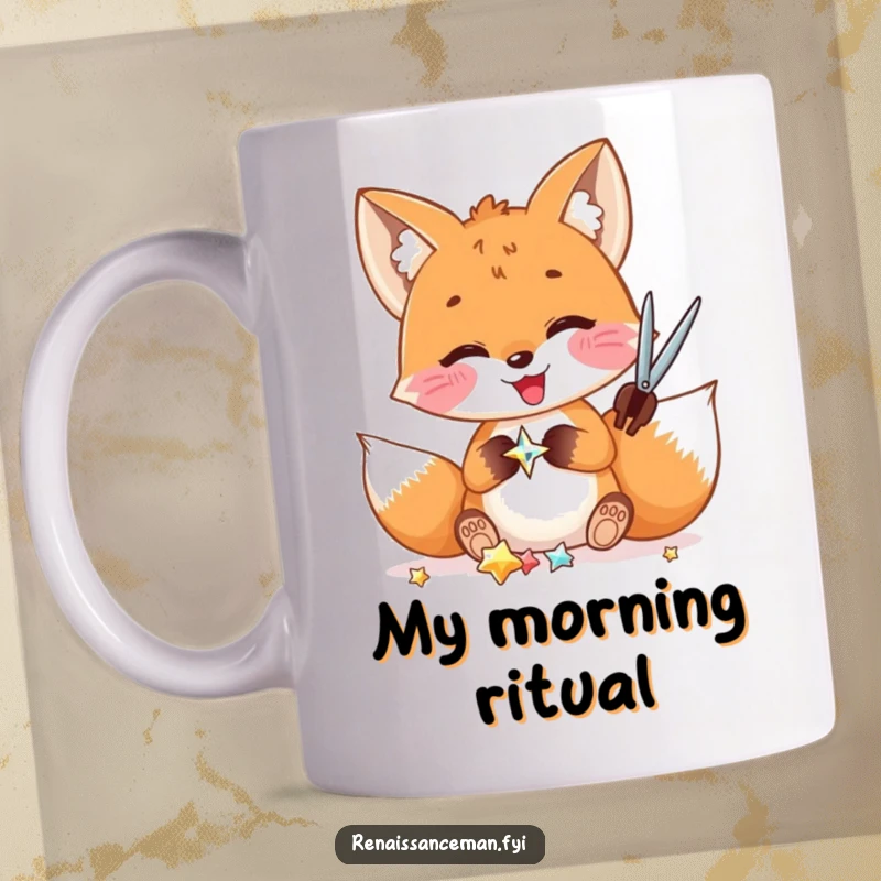 Funny mug: A delighted fox meticulously cuts a shiny embellishment, radiating pure joy and focus in a crafting masterpiece.