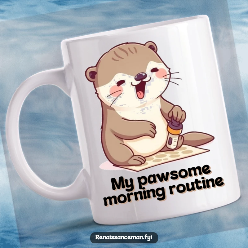Funny otter mug, joyfully stamping a pattern onto paper with gusto, promoting creativity and laughter, ideal for gifting to craft enthusiasts.