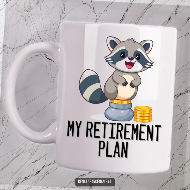 Funny raccoon mug with a mischievous grin balancing a huge stack of shiny gold coins, looking delighted with its precarious treasure.