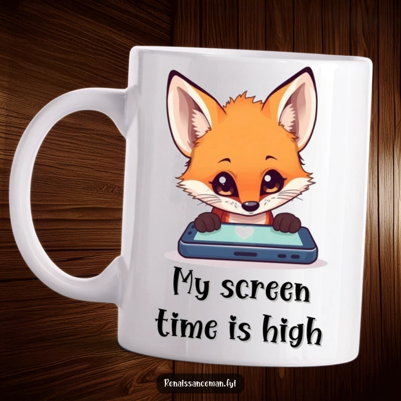 Funny fox staring intently at a smartphone screen, wide-eyed with curiosity on a ceramic mug.