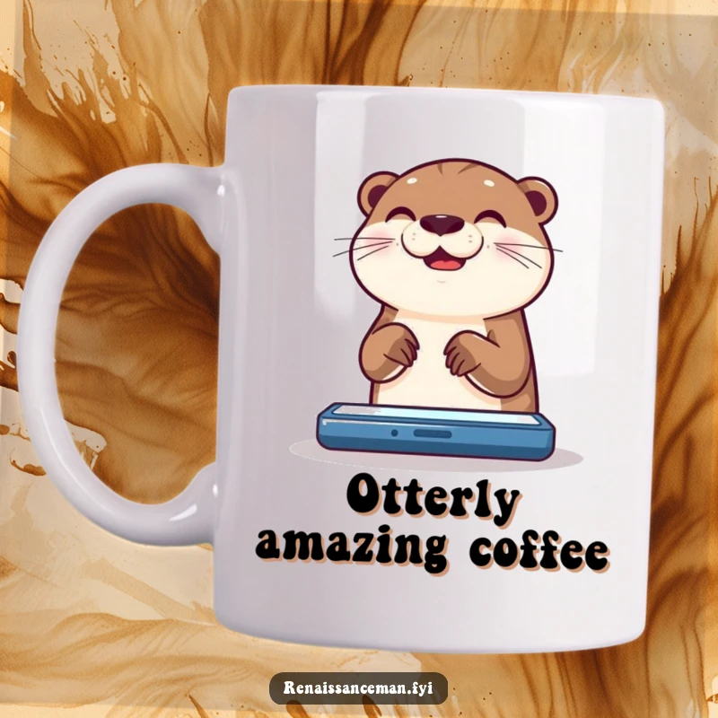 Funny otter mug: a happy otter joyfully scrolls through a brightly lit screen with delight.
