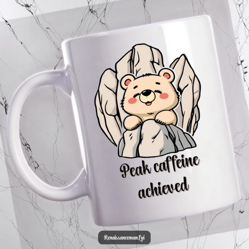 Funny Proud Bear Smiling Happily from a Rocky Mountain Peak, Humorous Mug for Achievers.