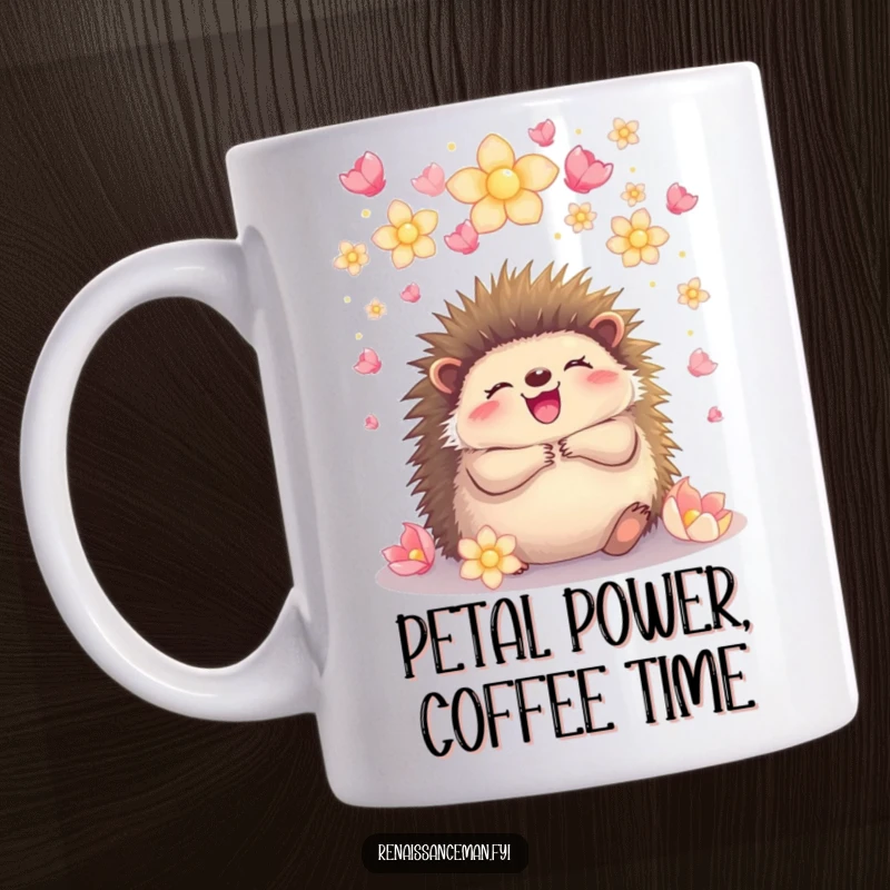 Funny joyful hedgehog embracing under a shower of glowing petals, radiating happiness and warmth on a delightful mug.
