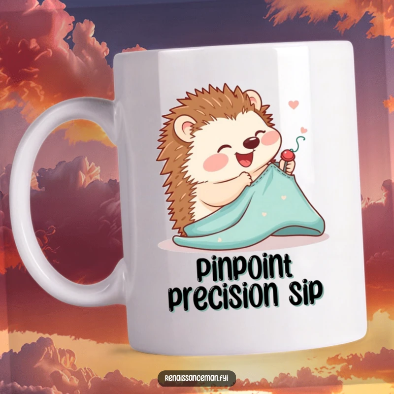 Funny mug depicting a joyful hedgehog carefully pinning a sewing pattern onto fabric with precise, delicate movements.