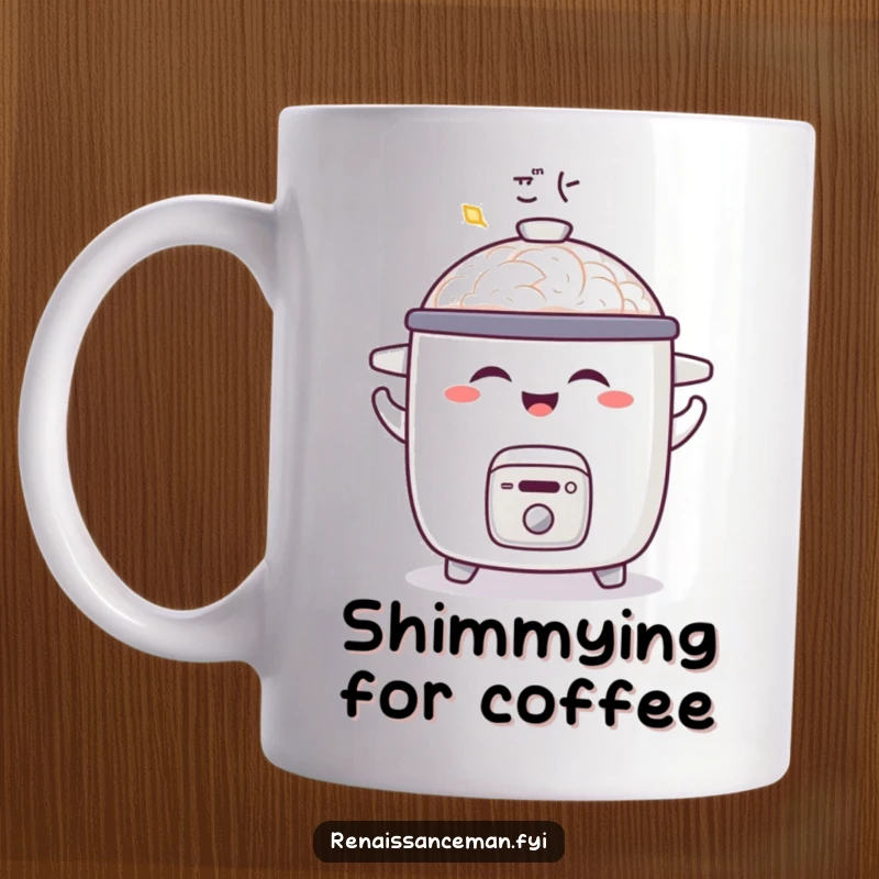 Funny mug featuring a joyful rice cooker doing a little shimmy with a satisfied aroma, radiating pure happiness.