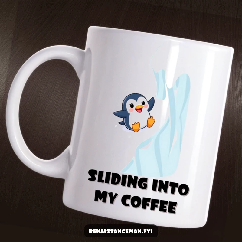 Funny Adventurous Penguin Sliding Joyfully Down a Steep Icy Wall, Humorous Mug for Thrill Seekers.