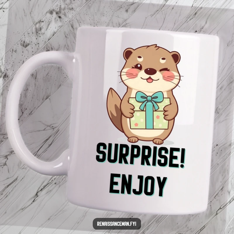 Funny otter mug. A beaming otter with a playful wink hands over a beautifully wrapped gift, radiating joy and surprise.