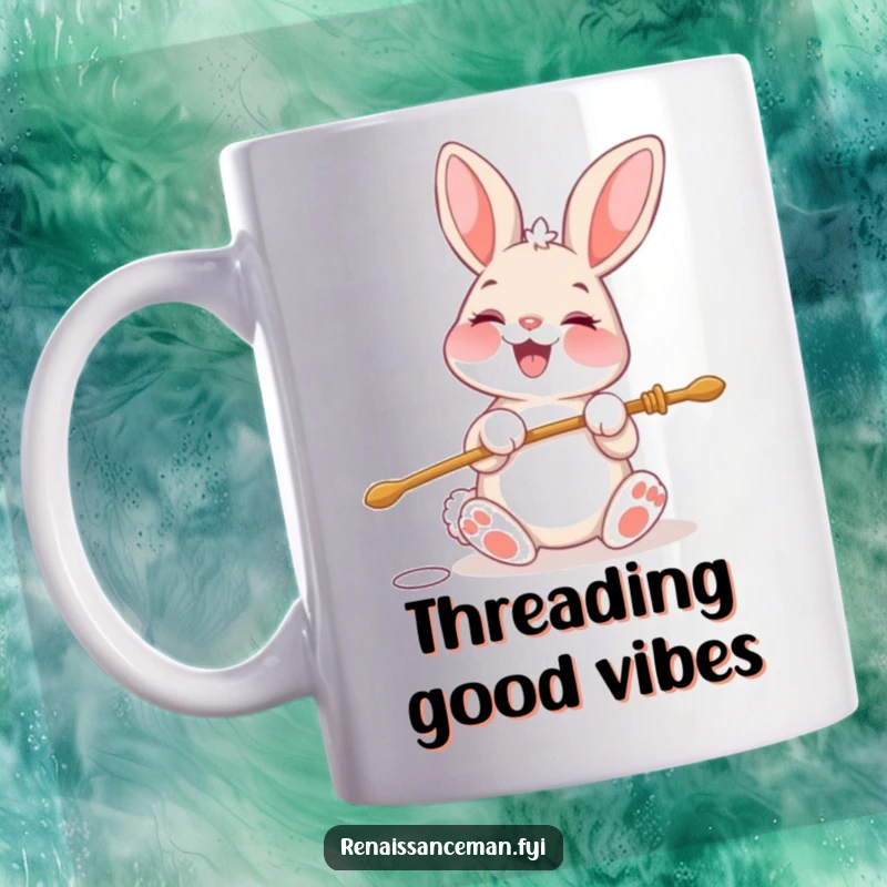 Funny mug featuring a cheerful bunny character beaming with glee while expertly threading a large needle.