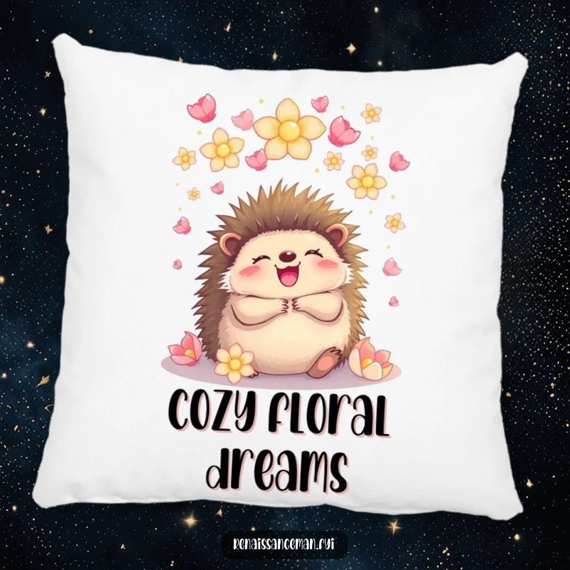 Funny hedgehog embracing under glowing petals, a plush pillow offering comfort and a visual reminder of joyful embraces.