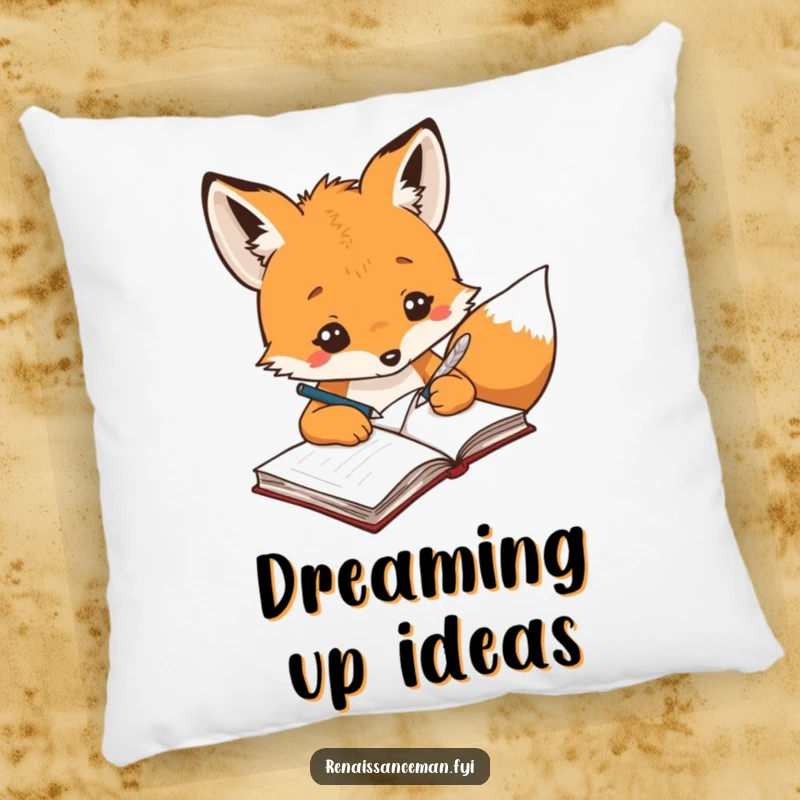 Funny creative fox with a quill pen writing ideas in a notebook, designed for a soft and artistic decorative pillow.