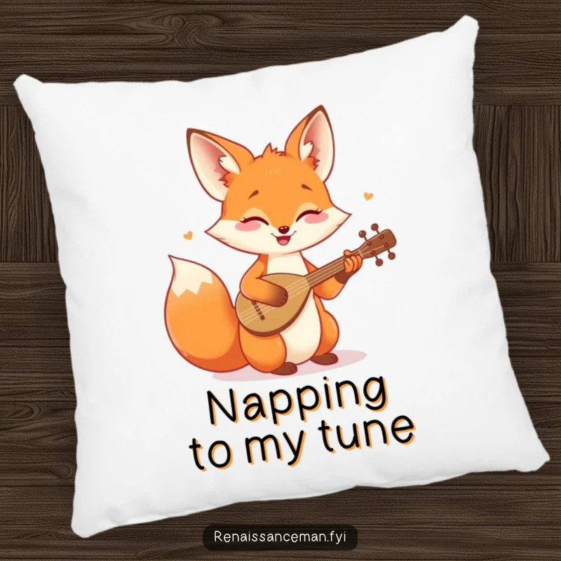 Funny pillow featuring a cheerful fox playing a tiny lute, perfect for adding musical comfort and humor.