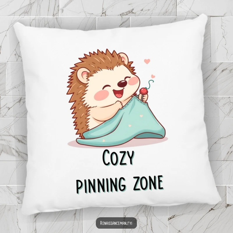 Funny pillow design featuring a joyful hedgehog delicately pinning a sewing pattern onto fabric, adding cute charm.