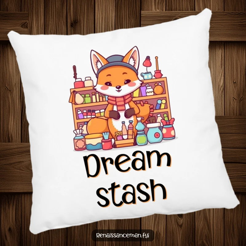 Funny fox pillow. A proud fox stands behind a large display of items, soft and huggable.