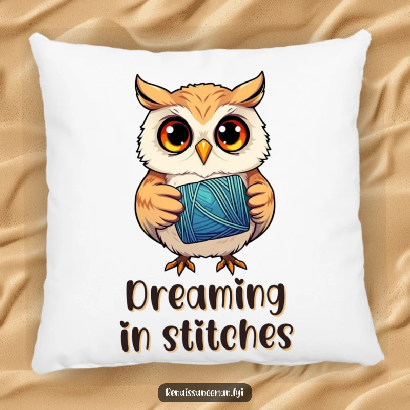 Funny pillow with a curious owl intently holding a spool of colorful thread, offering whimsical comfort and crafty inspiration.