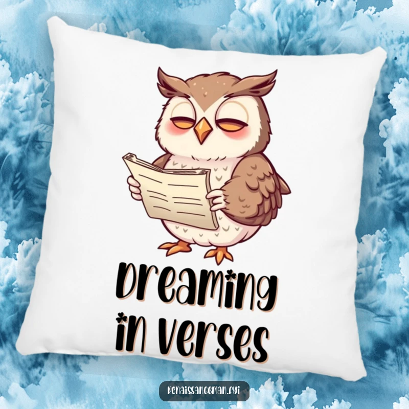Funny pillow featuring a giggling owl poet, scroll in wing, and expressive gestures, perfect for adding literary humor to furniture.