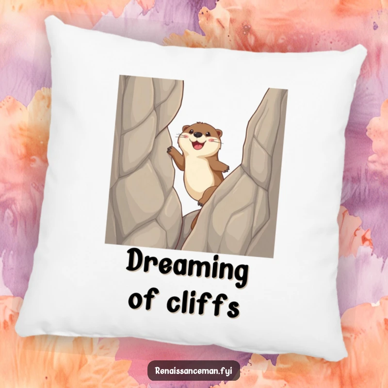Funny otter pillow, a cheerful otter is scaling a sheer cliff with sticky paws, adding a humorous and motivational touch.