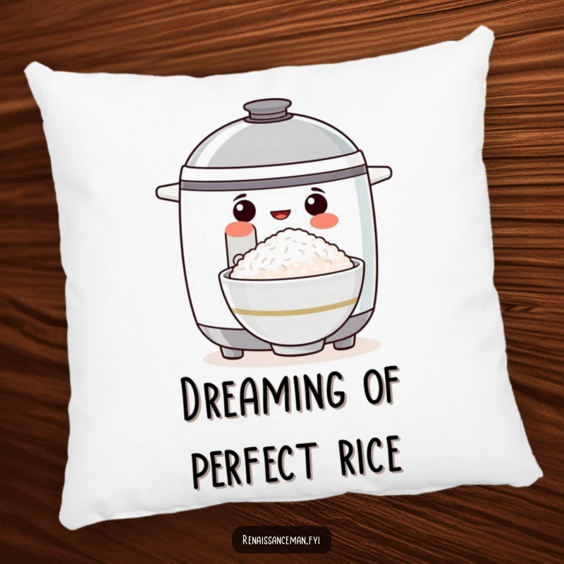 Funny pillow showcasing a proud rice cooker holding a perfect bowl of rice, offering comfort and a touch of kitchen humor.