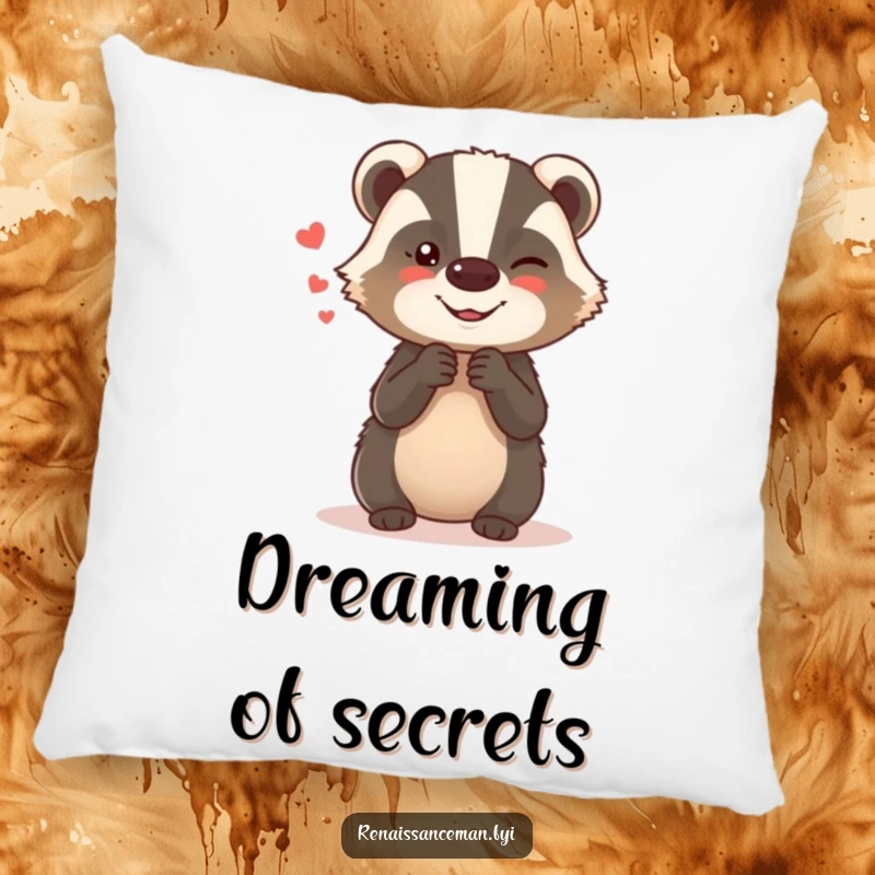 Funny pillow with a giggling badger whispering secrets, offering comfort and a humorous, mischievous aesthetic.