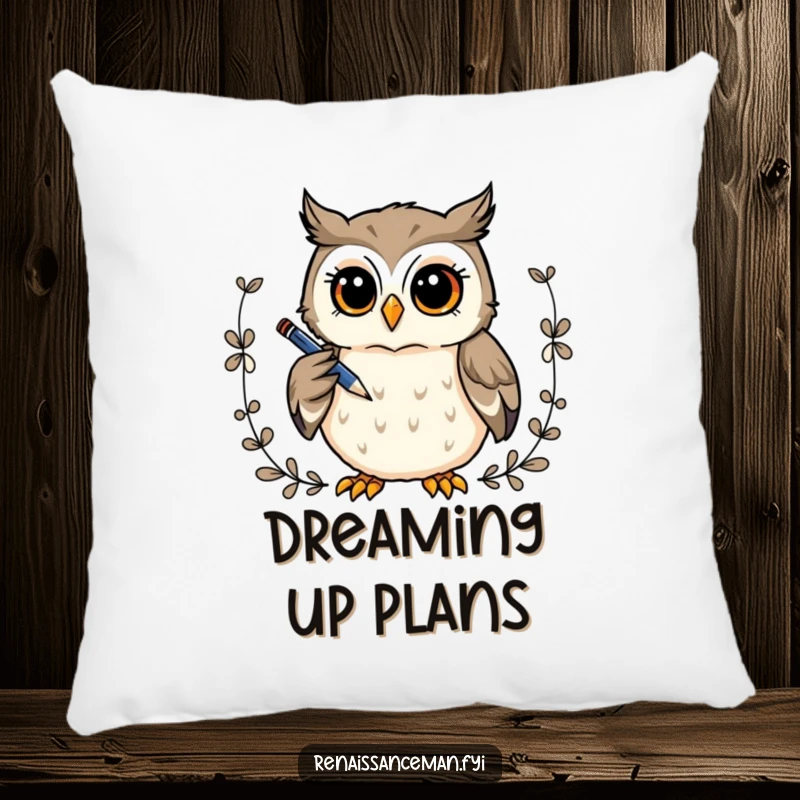 Funny pillow: A curious owl thoughtfully draws a decorative border, bringing artistic comfort and charm.