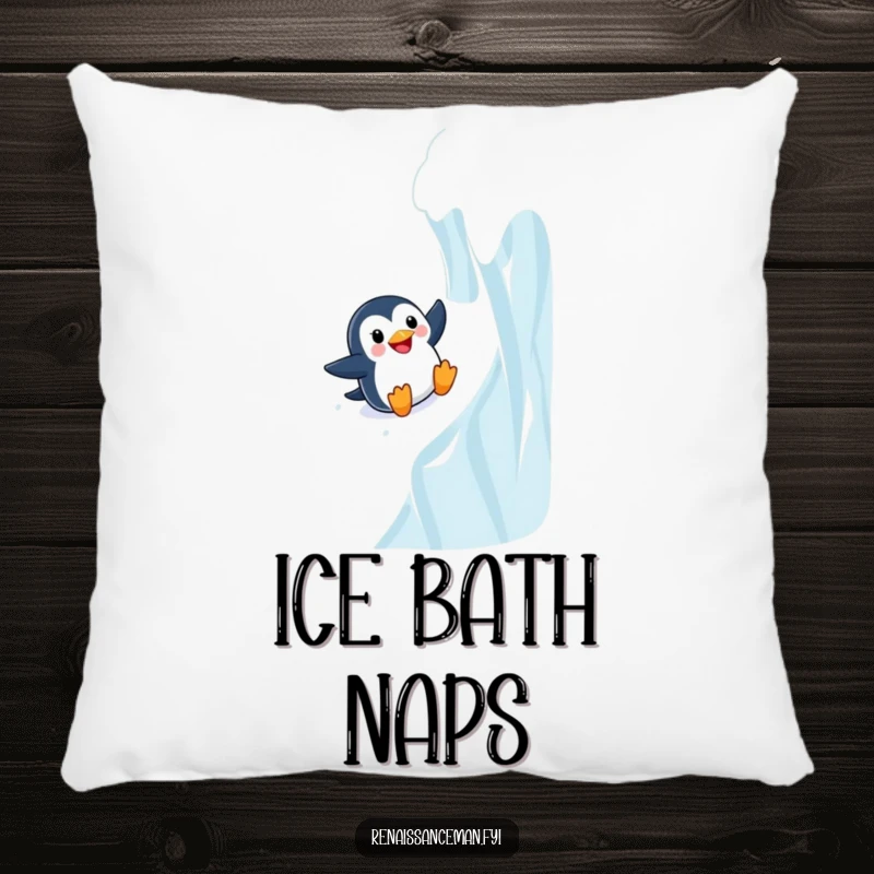 Funny Adventurous Penguin Sliding Joyfully Down a Steep Icy Wall, Soft Accent Pillow, Humorous Decor.