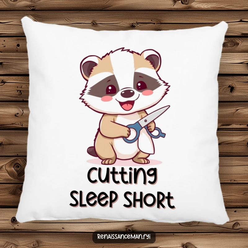 Funny pillow with a beaming badger happily using sharp scissors to cut fabric, offering whimsical comfort and crafty precision.