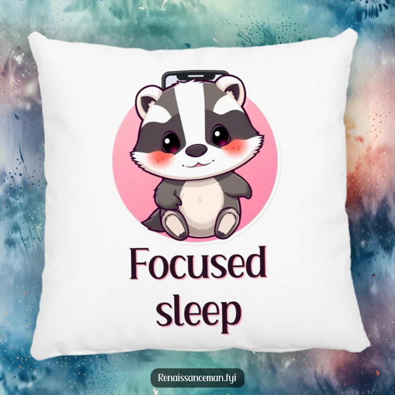 Funny beaming badger focused on a phone screen, swiping through apps. Soft and funny pillow.