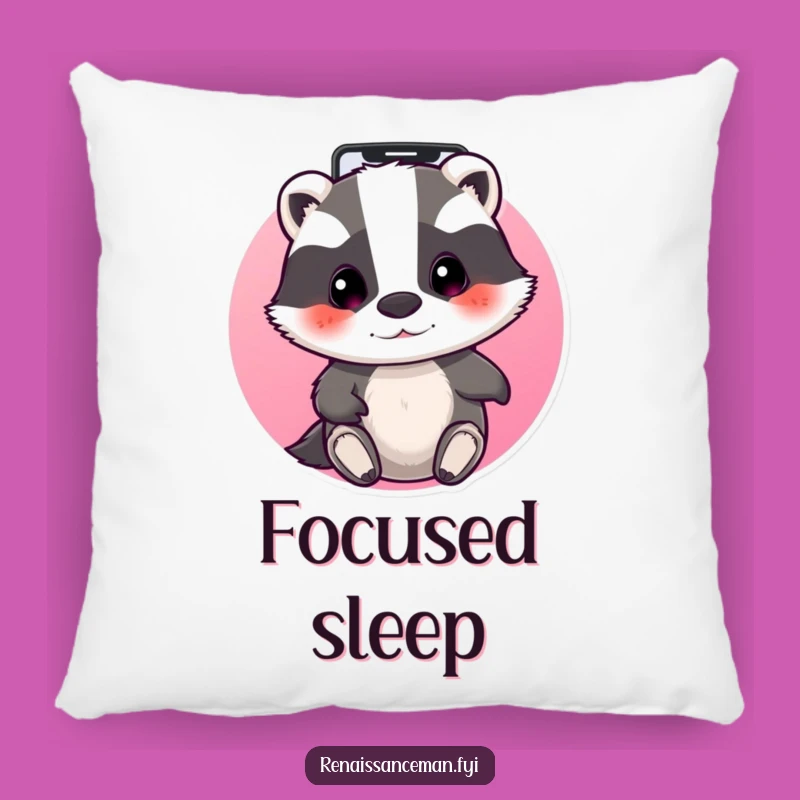 Funny Badger Techie Pillow: Beaming badger navigating apps, a perfect funny tech gift.
