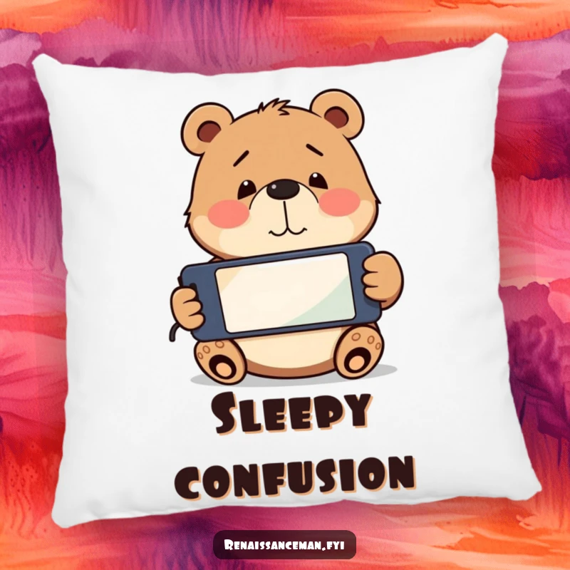Funny playful bear holding a smartphone upside down, with a confused smile. Soft and funny pillow.