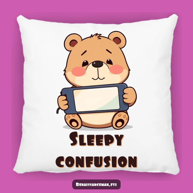 Funny Bear Phone Confusion Pillow: Playful bear with upside down phone, a perfect funny gift.