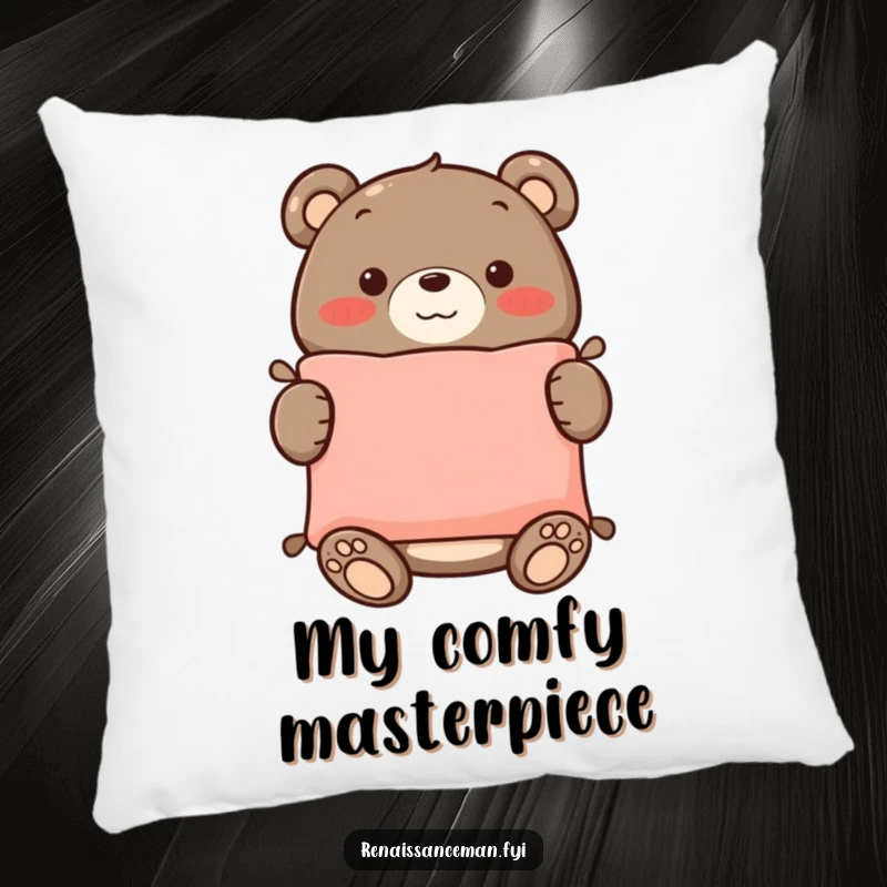 Funny pillow design showing a proud bear with a happy smile, holding a perfectly sewn cushion, bringing cozy charm.