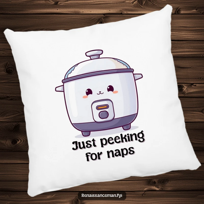 Funny pillow featuring a curious rice cooker peeking from behind a steaming lid, offering comfort and a playful kitchen vibe.
