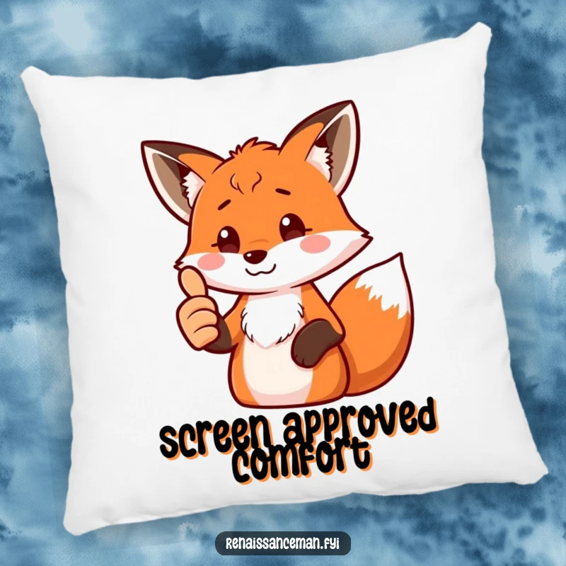Funny fox pillow with a proud fox giving a thumbs up to a screen, offering comfort and a humorous statement.
