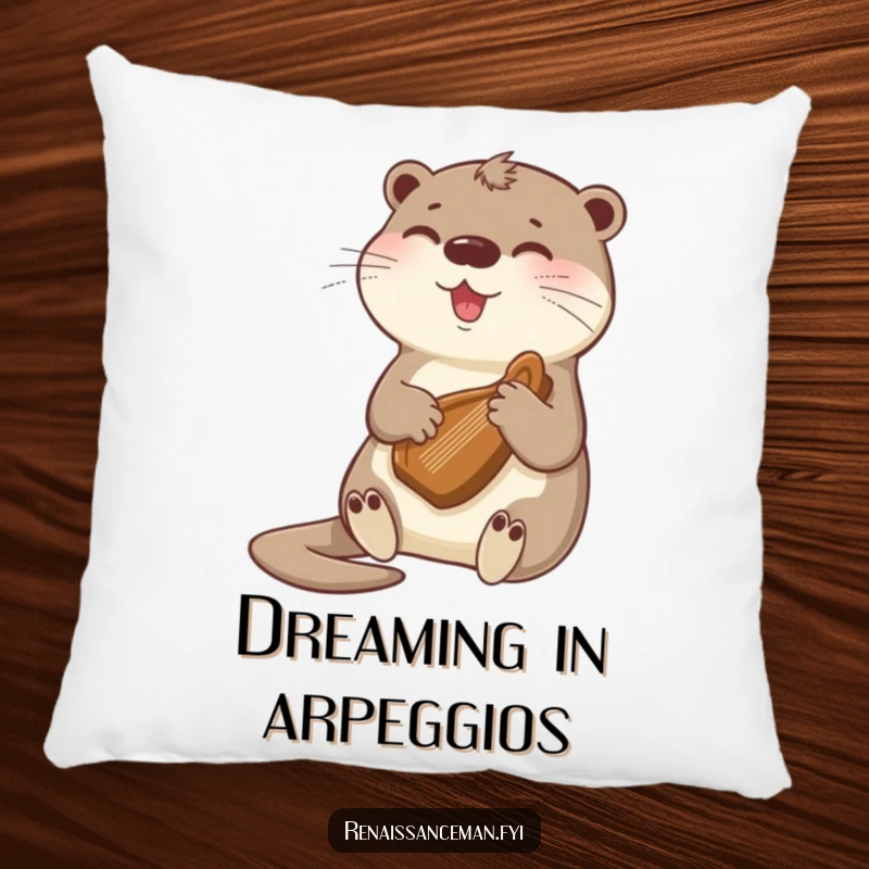 Funny otter playing a tiny harp, a plush pillow offering comfort and a visual reminder of sweet, calming music.
