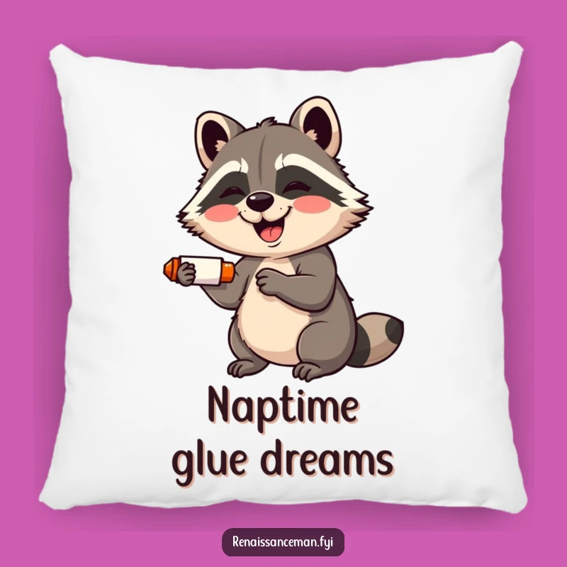 Funny Raccoon Crafter Pillow: Cozy Giggling Raccoon with Glue Stick, Soft Gift