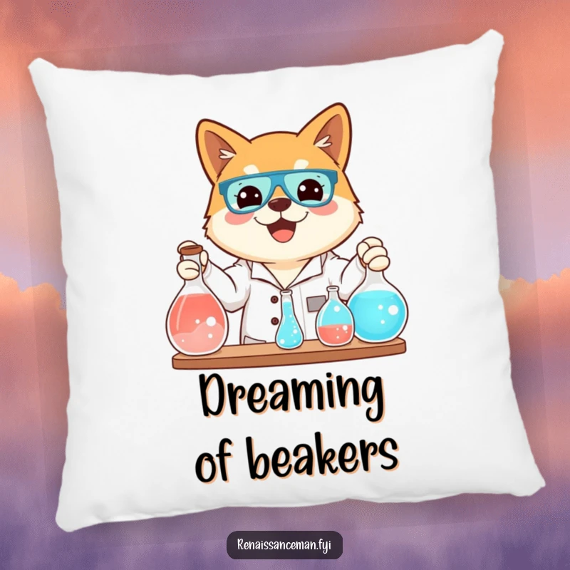 Funny pillow featuring a beaming Shiba Inu conducting a science experiment with bubbling flasks, perfect for adding scientific humor to rooms.