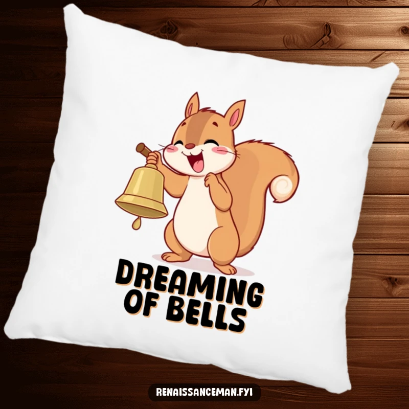 Funny pillow featuring a playful squirrel enthusiastically ringing a large bell with delight, bringing cheer to any room.