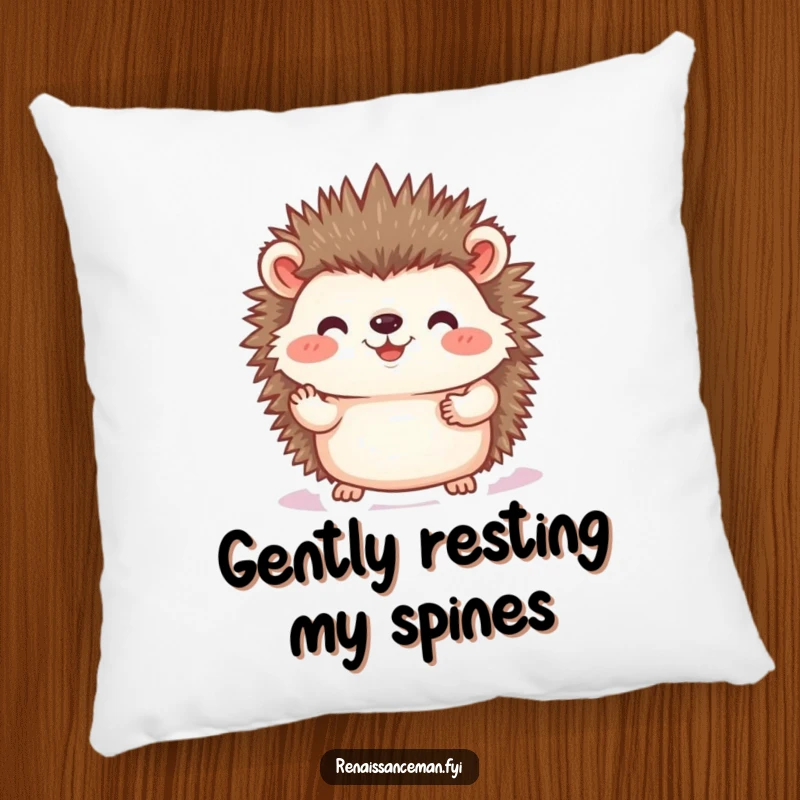 Funny hedgehog photo pillow, a soft cushion featuring a joyful hedgehog placing a photo with care, adding gentle humor and comfort to any space, great gift.